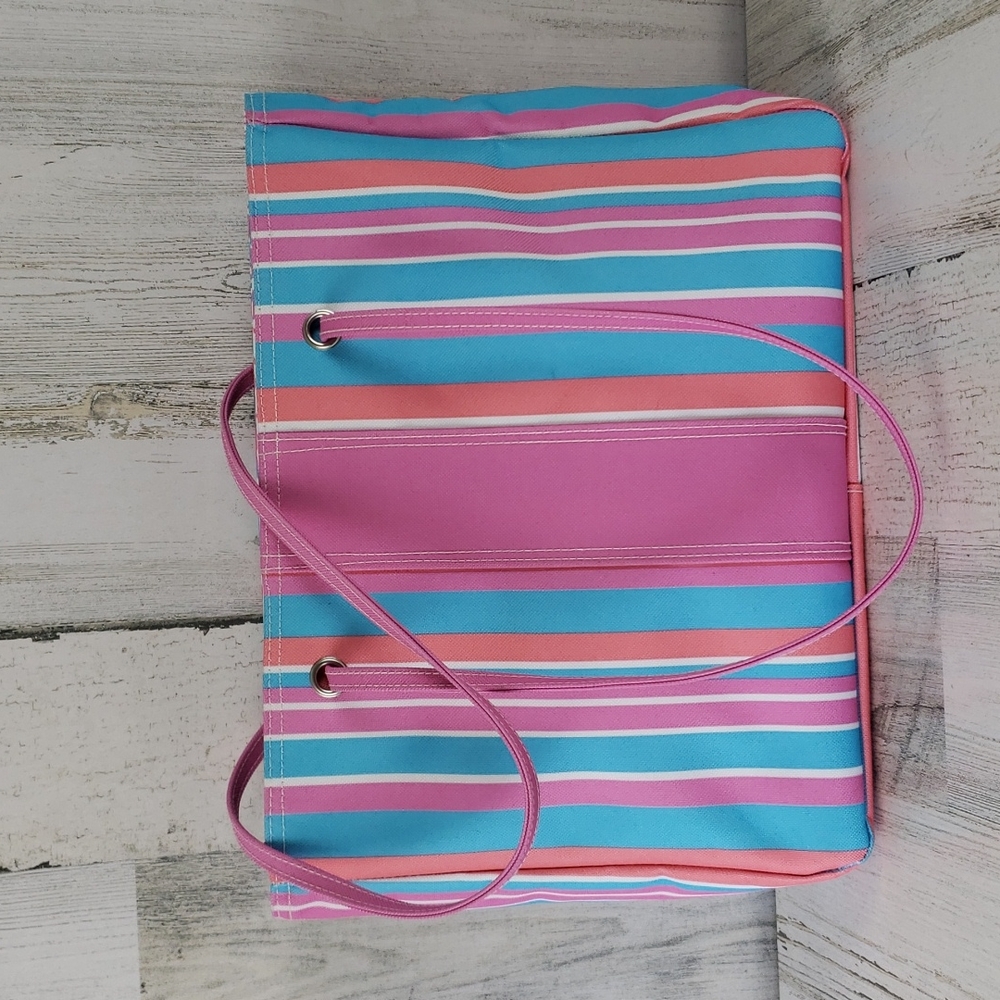 Striped mini tote bag teal coral pink